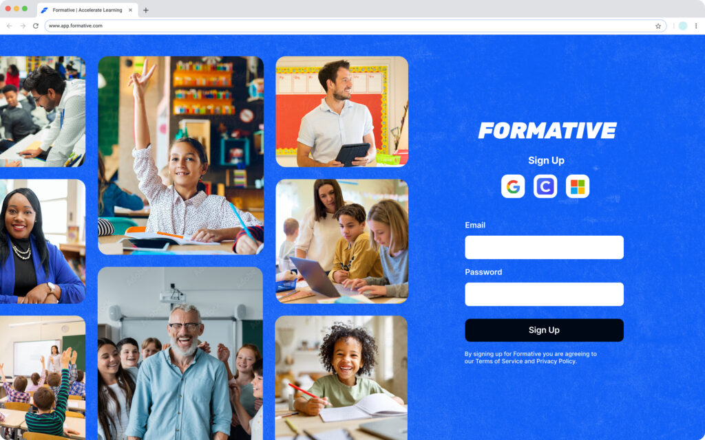 Formative sign-up experience with classroom imagery and account creation options.