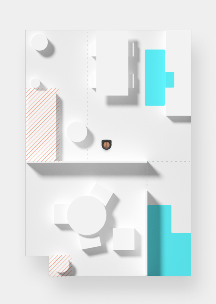 Top-down floor plan concept showing an iRobot navigating around objects and room boundaries.